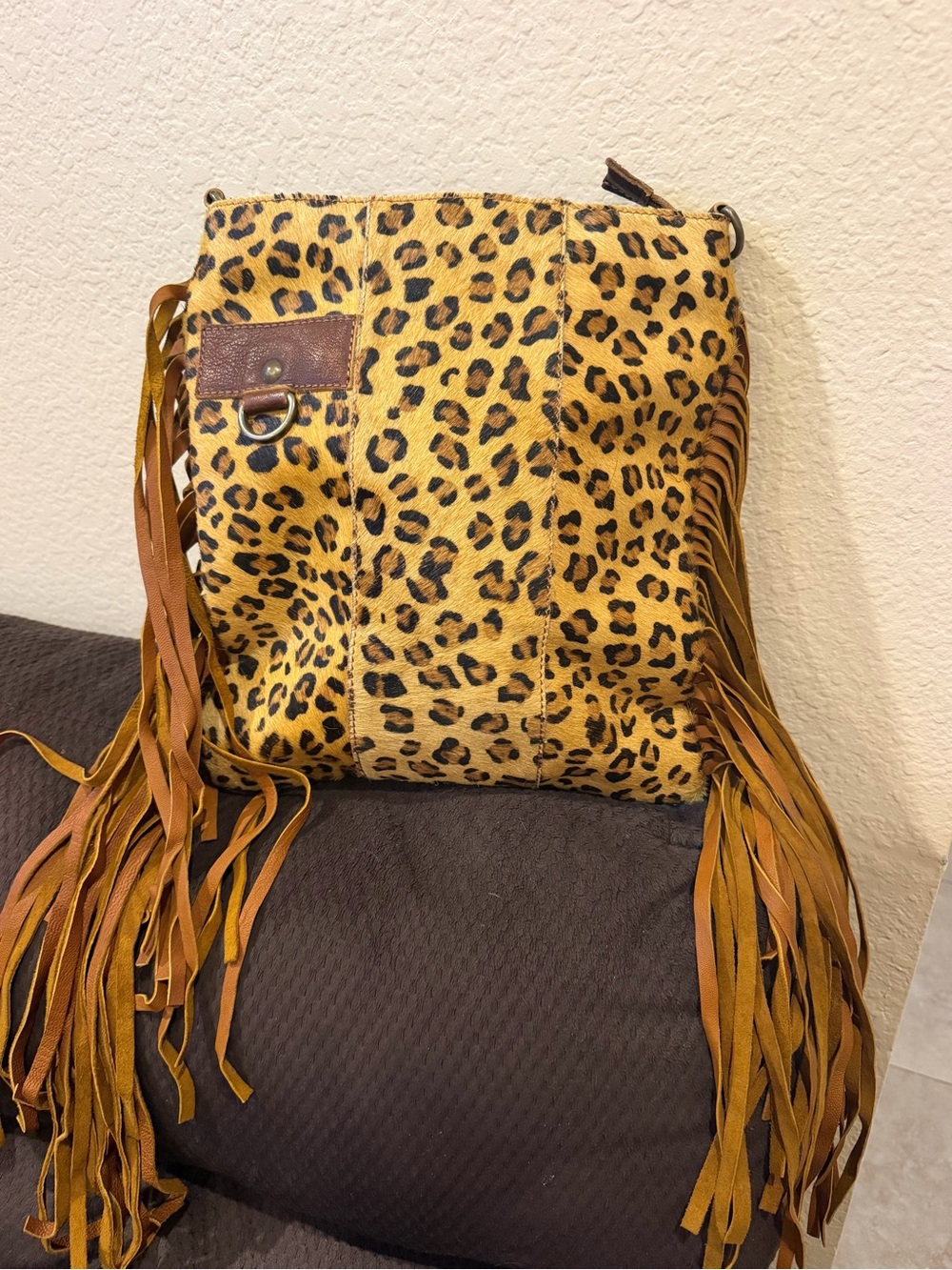 Leopard Print Fringe Crossbody Bag in Brown